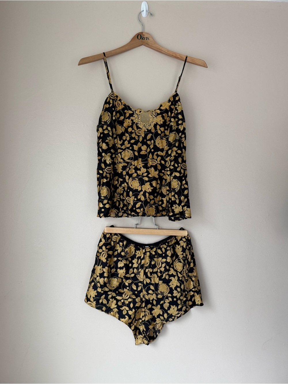 100% Silk Victoria’s Secret Black & Gold Floral 2 Piece Cami and Short Set